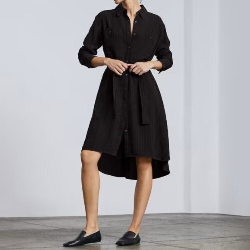 Everlane The City Stripe Draped Shirt Long Sleeve High Low Midi Dress Black XXS